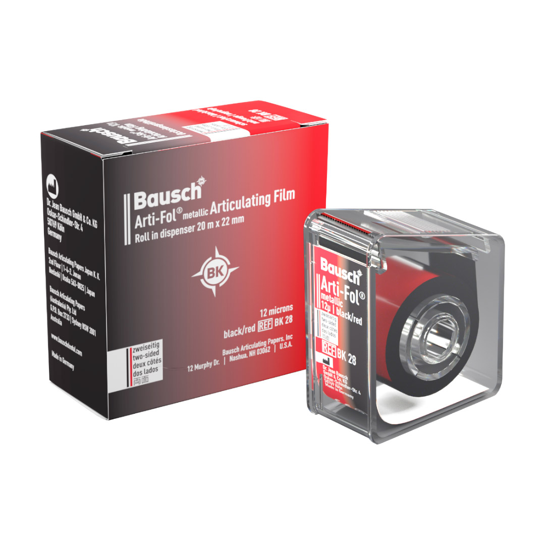 Bausch Arti-Fol Metallic Articulating Film BK 28 Black/Red 12u 2-Sided 22mm Wide 20m Roll with Dispenser Bausch Arti-Fol Metallic Articulating Film BK 28 Black/Red 12u 2-Sided 22mm Wide 20m Roll with Dispenser