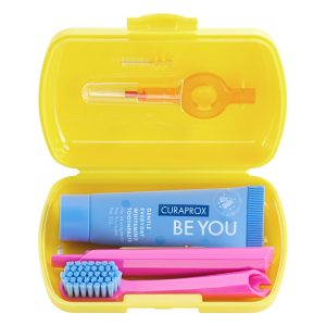 Curaprox Travel Set Yellow with Be You Toothpaste Blackberry & Liquorice Blue 10ml Tube