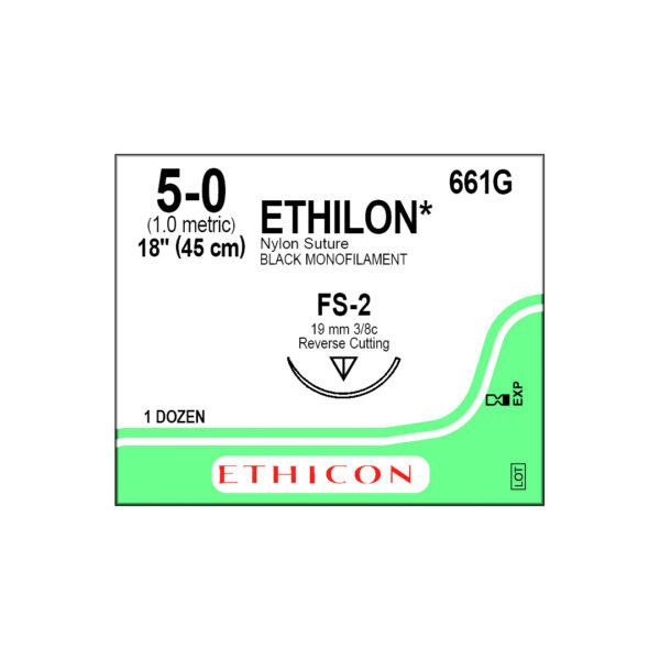 J&J Ethicon Suture Ethilon Nylon 5/0 with FS-2 19mm 3/8 Circle Reverse Cutting Needle 45cm (12) J&J Ethicon Suture Ethilon Nylon 5/0 with FS-2 19mm 3/8 Circle Reverse Cutting Needle 45cm (12)