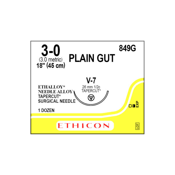 J&J Ethicon Suture Plain Gut 3/0 with V-7 26mm 1/2 Circle Tapercut Needle 45cm (12)