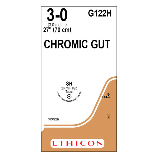 J&J Ethicon Suture Chromic Gut 3/0 with SH 26mm 1/2 Circle Taper Point Needle 70cm (36) J&J Ethicon Suture Chromic Gut 3/0 with SH 26mm 1/2 Circle Taper Point Needle 70cm (36)