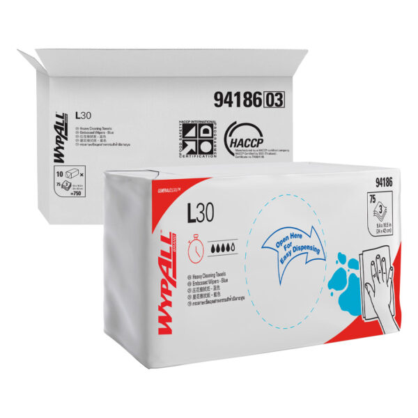 Kimberly-Clark Wypall L30 Embossed Wipers Blue 3 Ply 42cm x 24cm 75's (10)