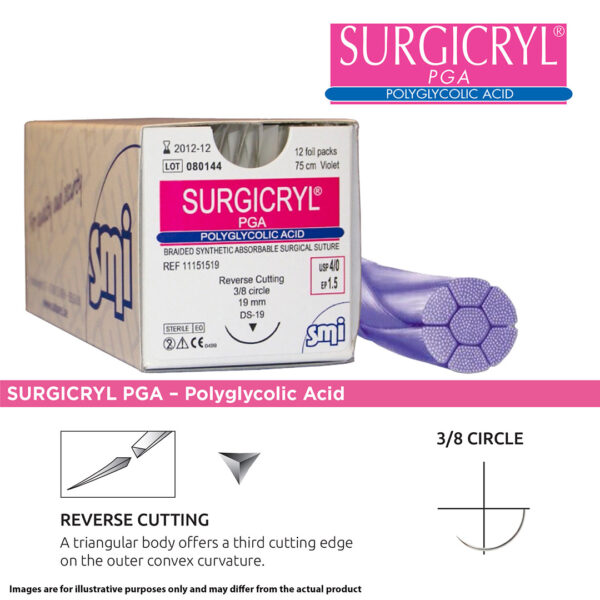 SMI Suture Surgicryl PGA 4/0 with DS 19 19mm 3/8 Circle Reverse Cutting Needle 75cm (12)