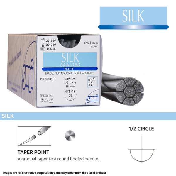 SMI Suture Silk 3/0 with HR 26 26mm 1/2 Circle Round Bodied Taper Point Needle 75cm (12)
