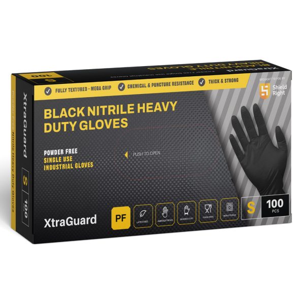 Shield Right XtraGuard Heavy Duty Black Nitrile Powder Free Gloves Small 100's (10) Shield Right XtraGuard Heavy Duty Black Nitrile Powder Free Gloves Small 100's (10)
