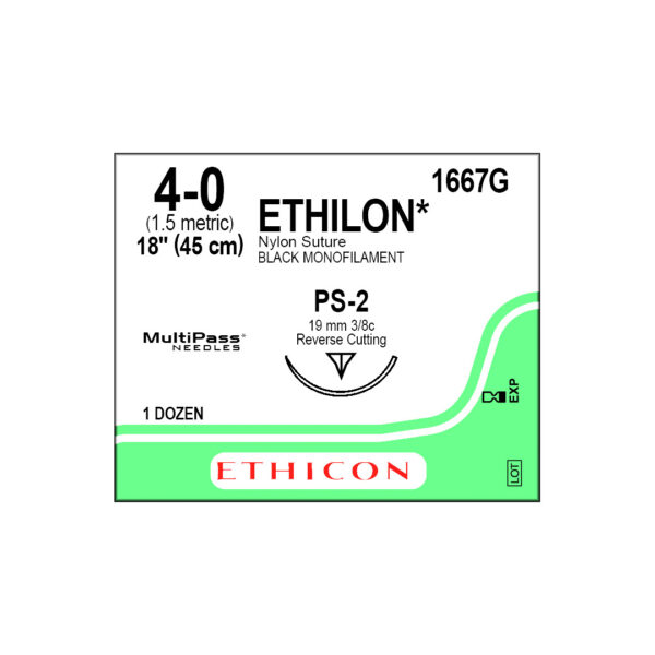 J&J Ethicon Suture Ethilon Nylon 4/0 with PS-2 19mm 3/8 Circle Precision Point Reverse Cutting Needle 45cm (12)