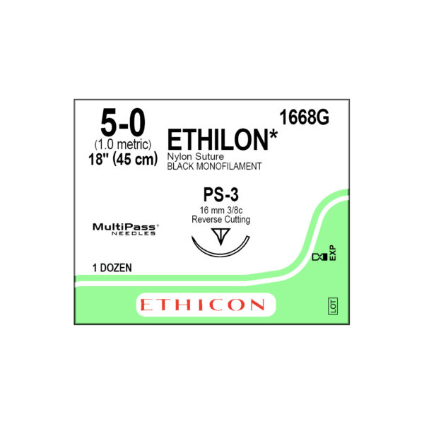 J&J Ethicon Suture Ethilon Nylon 5/0 with PS-3 16mm 3/8 Circle Precision Point Reverse Cutting Needle 45cm (12)