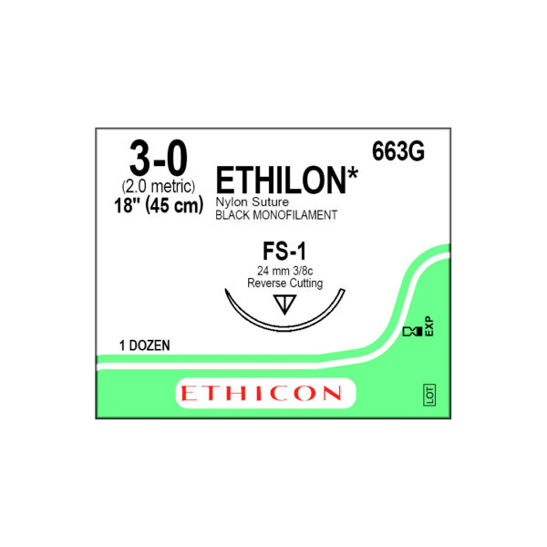 J&J Ethicon Suture Ethilon Nylon 3/0 with FS-1 24mm 3/8 Circle Reverse Cutting Needle 45cm (12)