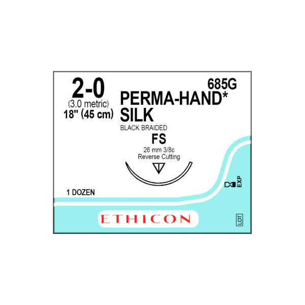 J&J Ethicon Suture Silk 2/0 with FS 26mm 3/8 Circle Reverse Cutting Needle 45cm (12) J&J Ethicon Suture Silk 2/0 with FS 26mm 3/8 Circle Reverse Cutting Needle 45cm (12)