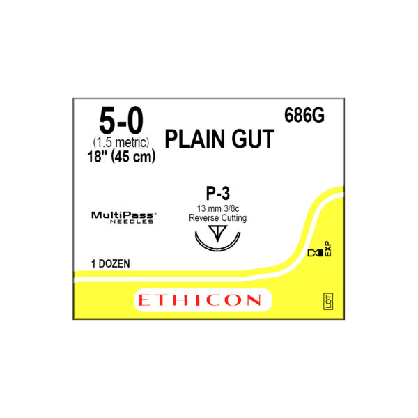 J&J Ethicon Suture Plain Gut 5/0 with P-3 13mm 3/8 Circle Precision Point Reverse Cutting Needle 45cm (12)