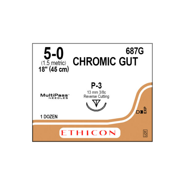 J&J Ethicon Suture Chromic Gut 5/0 with P-3 13mm 3/8 Circle Precision Point Reverse Cutting Needle 45cm (12)