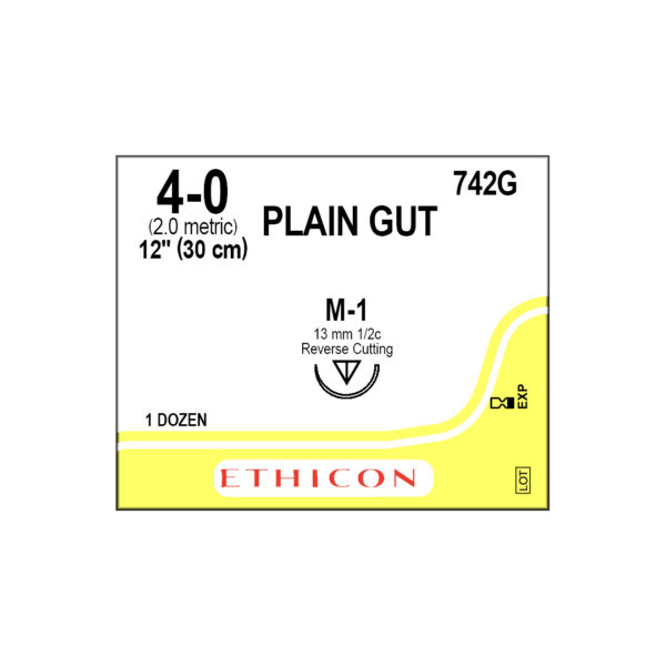 J&J Ethicon Suture Plain Gut 4/0 with M-1 13mm 1/2 Circle Reverse Cutting Needle 30cm (12)