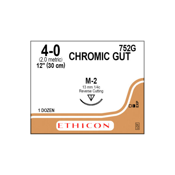 J&J Ethicon Suture Chromic Gut 4/0 with M-2 13mm 3/8 Circle Reverse Cutting Needle 30cm (12)