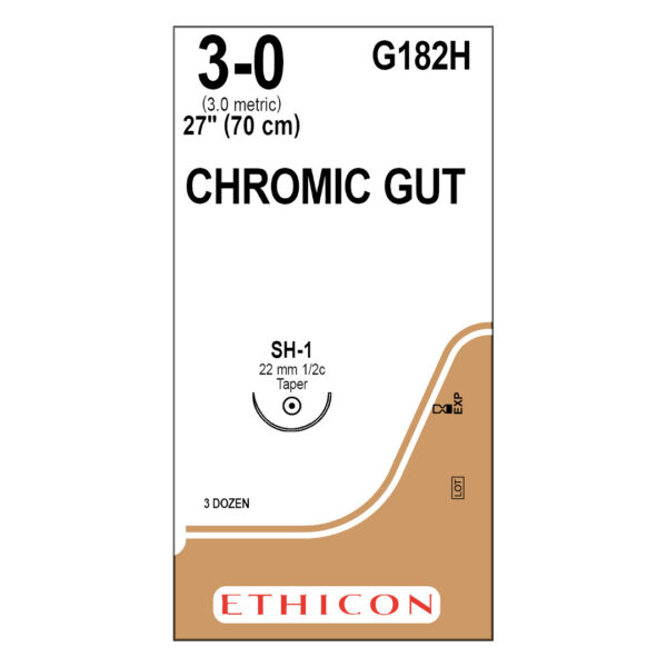 J&J Ethicon Suture Chromic Gut 3/0 with SH-1 22mm 1/2 Circle Taper Point Needle 70cm (36)