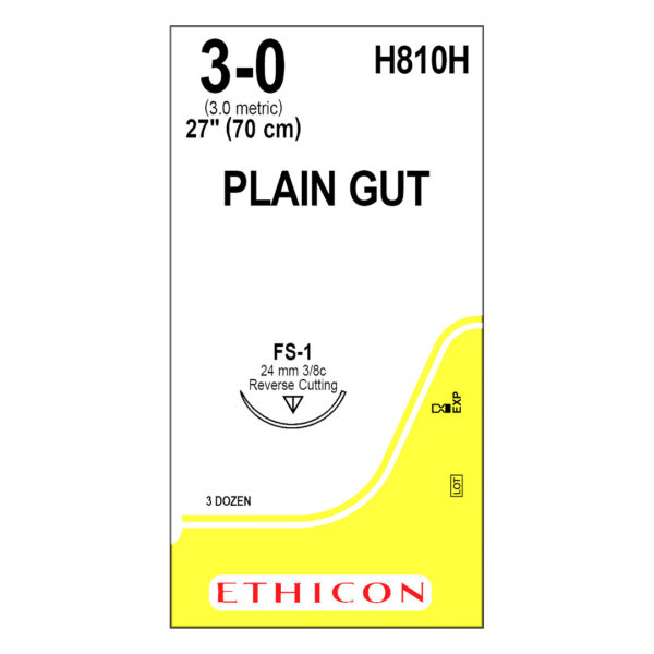 J&J Ethicon Suture Plain Gut 3/0 with FS-1 24mm 3/8 Circle Reverse Cutting Needle 70cm (36)