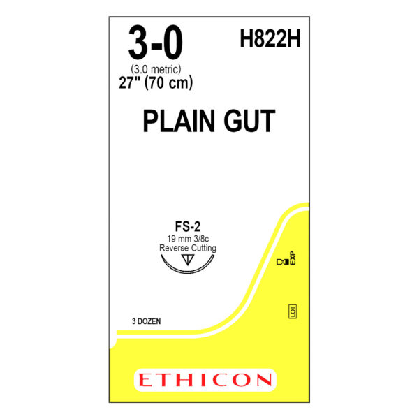 J&J Ethicon Suture Plain Gut 3/0 with FS-2 19mm 3/8 Circle Reverse Cutting Needle 70cm (36)
