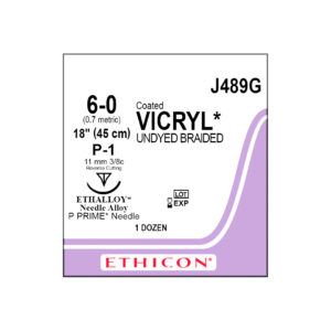 J&J Ethicon Suture Vicryl 6/0 with P-1 11mm 3/8 Circle Precision Point Reverse Cutting Needle 45cm (12)