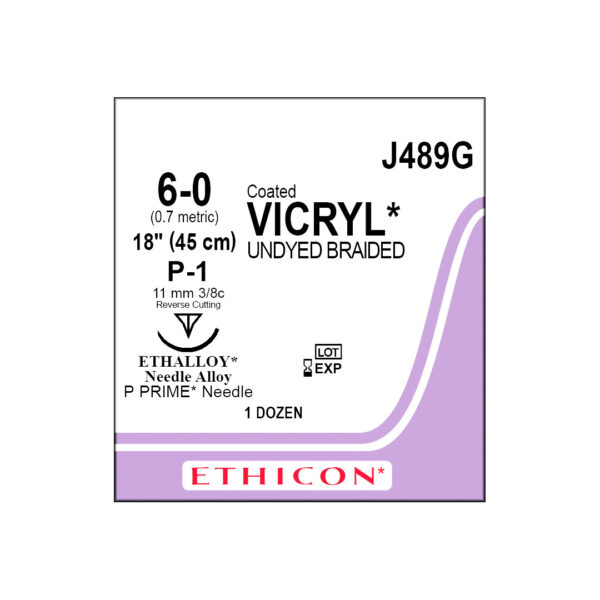 J&J Ethicon Suture Vicryl 6/0 with P-1 11mm 3/8 Circle Precision Point Reverse Cutting Needle 45cm (12)