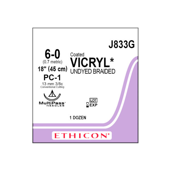 J&J Ethicon Suture Vicryl 6/0 with PC-1 13mm 3/8 Circle Conventional Cutting Prime Needle 45cm (12)