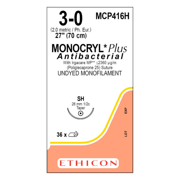 J&J Ethicon Suture Monocryl Plus Antibacterial 3/0 with SH 26mm 1/2 Circle Taper Point Needle 70cm (36) J&J Ethicon Suture Monocryl Plus Antibacterial 3/0 with SH 26mm 1/2 Circle Taper Point Needle 70cm (36)