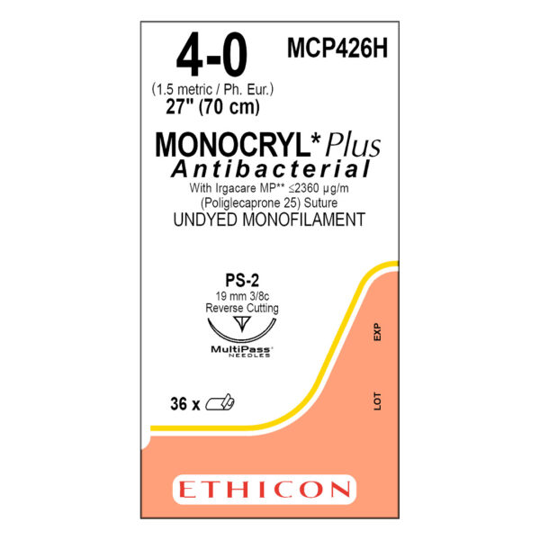 J&J Ethicon Suture Monocryl Plus Antibacterial 4/0 with PS-2 19mm 3/8 Circle Precision Point Reverse Cutting Needle 70cm (36) J&J Ethicon Suture Monocryl Plus Antibacterial 4/0 with PS-2 19mm 3/8 Circle Precision Point Reverse Cutting Needle 70cm (36)