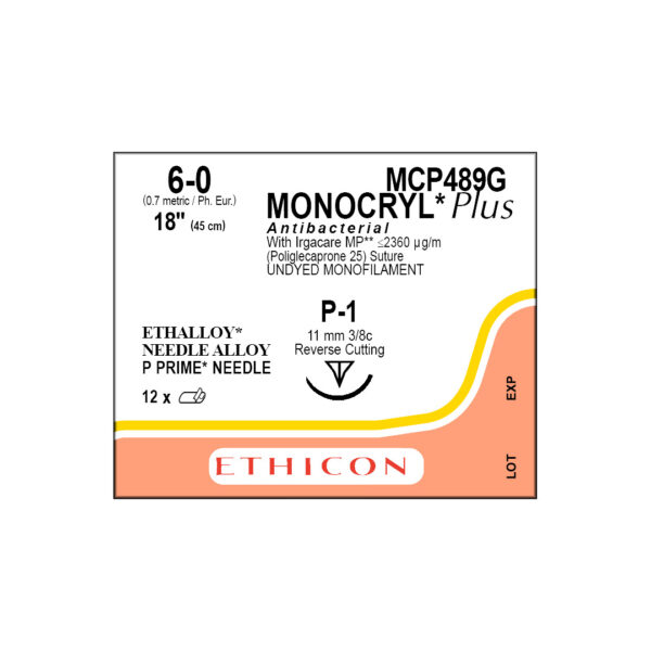 J&J Ethicon Suture Monocryl Plus Antibacterial 6/0 with P-1 11mm 3/8 Circle Precision Point Reverse Cutting Needle 45cm (12)
