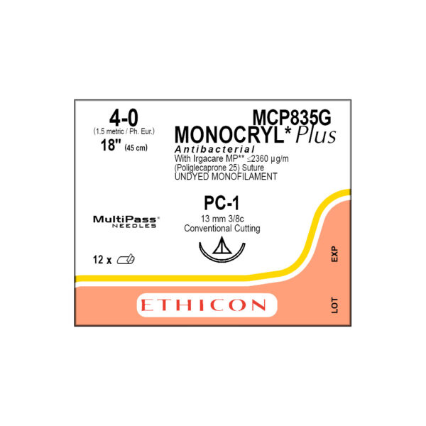 J&J Ethicon Suture Monocryl Plus Antibacterial 4/0 with PC-1 13mm 3/8 Circle Conventional Cutting Prime Needle 45cm (12)