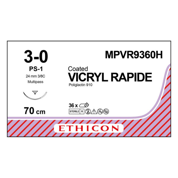 J&J Ethicon Suture Vicryl Rapide 3/0 with PS-1 24mm 3/8 Circle Precision Point Reverse Cutting Needle 70cm (36) J&J Ethicon Suture Vicryl Rapide 3/0 with PS-1 24mm 3/8 Circle Precision Point Reverse Cutting Needle 70cm (36)