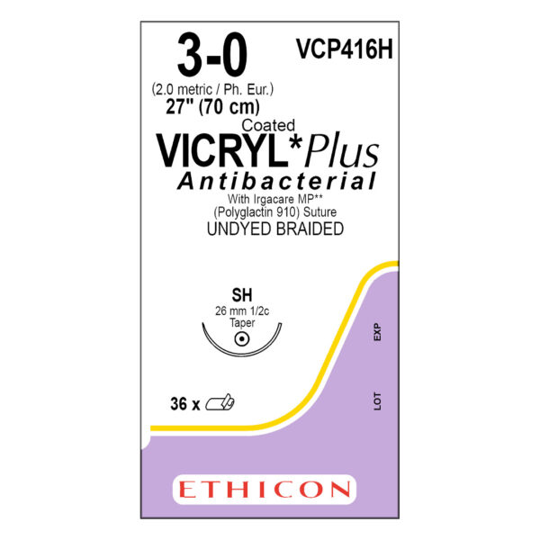 J&J Ethicon Suture Vicryl Plus Antibacterial 3/0 with SH 26mm 1/2 Circle Taper Point Needle 70cm (36)