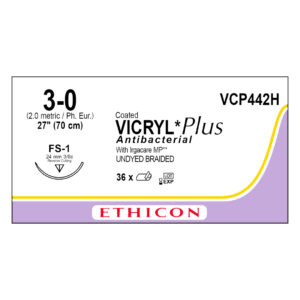 J&J Ethicon Suture Vicryl Plus Antibacterial 3/0 with FS-1 24mm 3/8 Circle Reverse Cutting Needle 70cm (36)