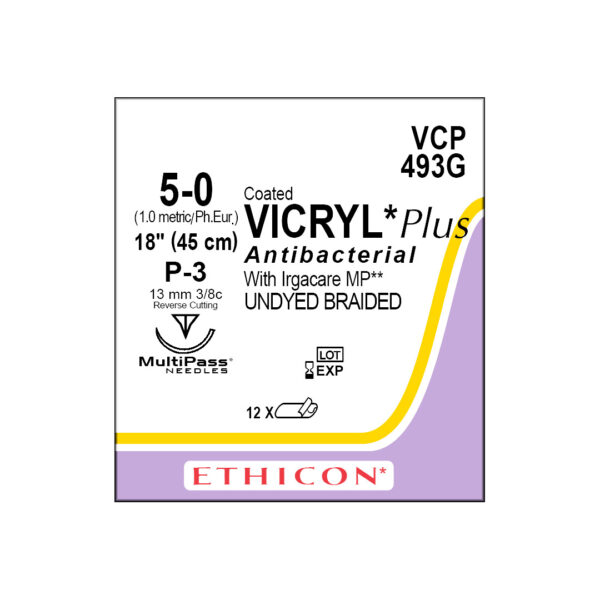 J&J Ethicon Suture Vicryl Plus Antibacterial 5/0 with P-3 13mm 3/8 Circle Precision Point Reverse Cutting Needle 45cm (12)