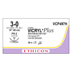 J&J Ethicon Suture Vicryl Plus Antibacterial 3/0 with PS-2 19mm 3/8 Circle Precision Point Reverse Cutting Needle 45cm (36)