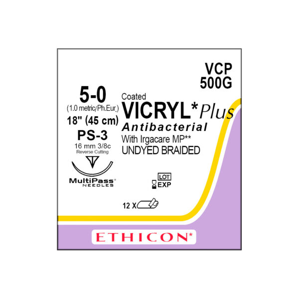 J&J Ethicon Suture Vicryl Plus Antibacterial 5/0 with PS-3 16mm 3/8 Circle Precision Point Reverse Cutting Needle 45cm (12)