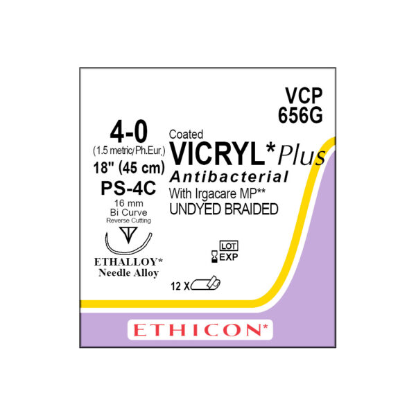 J&J Ethicon Suture Vicryl Plus Antibacterial 4/0 with PS-4C 16mm 1/2 Circle Compound Curve Precision Point Reverse Cutting Needle 45cm (12)