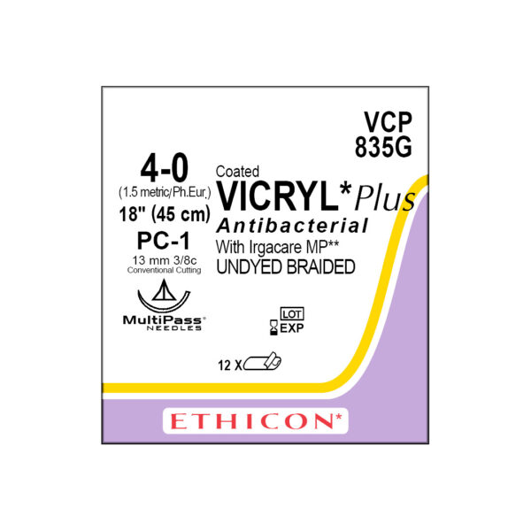 J&J Ethicon Suture Vicryl Plus Antibacterial 4/0 with PC-1 13mm 3/8 Circle Conventional Cutting Prime Needle 45cm (12) J&J Ethicon Suture Vicryl Plus Antibacterial 4/0 with PC-1 13mm 3/8 Circle Conventional Cutting Prime Needle 45cm (12)