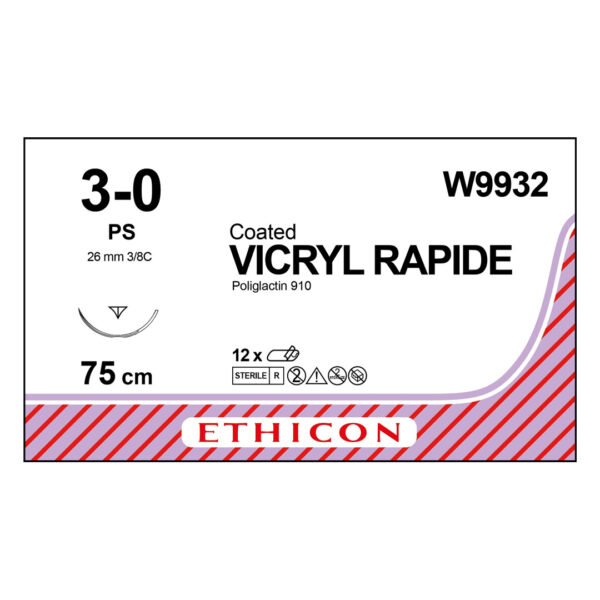 J&J Ethicon Suture Vicryl Rapide 3/0 with PS 26mm 3/8 Circle Precision Point Reverse Cutting Needle 75cm (12)