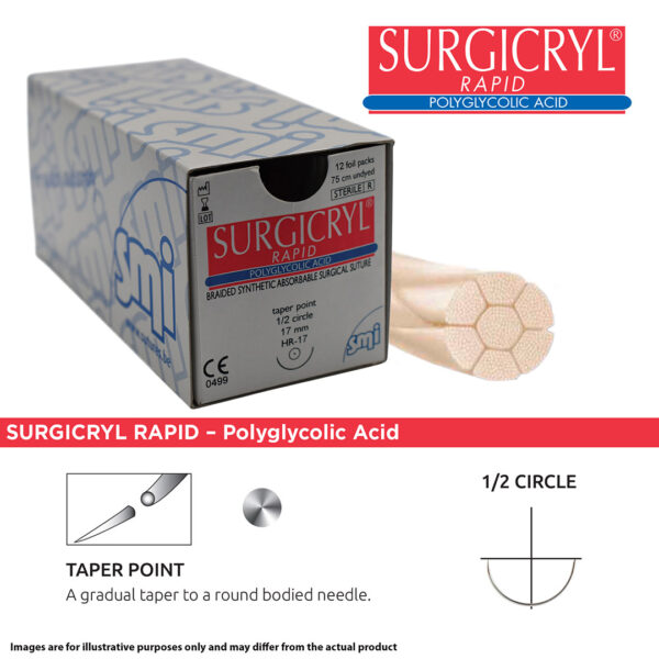 SMI Suture Surgicryl Rapid 5/0 with HR 17 17mm 1/2 Circle Round Bodied Taper Point Needle 75cm (12)
