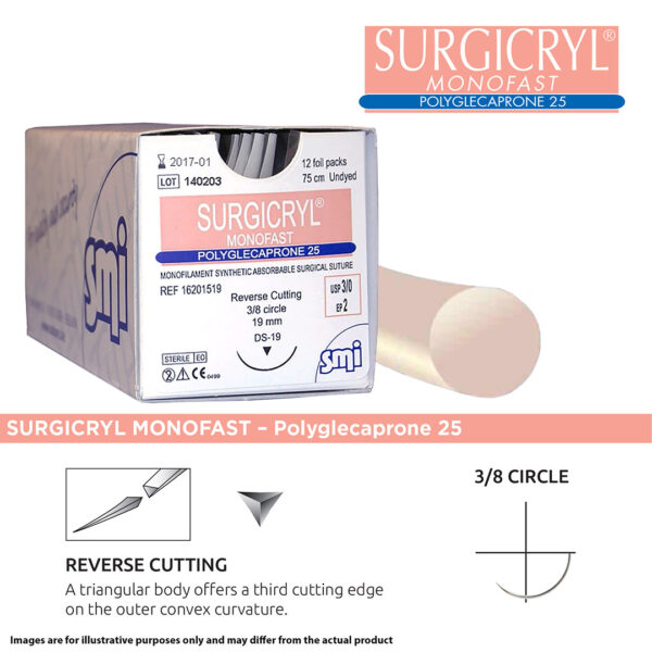 SMI Suture Surgicryl Monofast 2/0 with DS 24 24mm 3/8 Circle Reverse Cutting Needle 75cm (12)