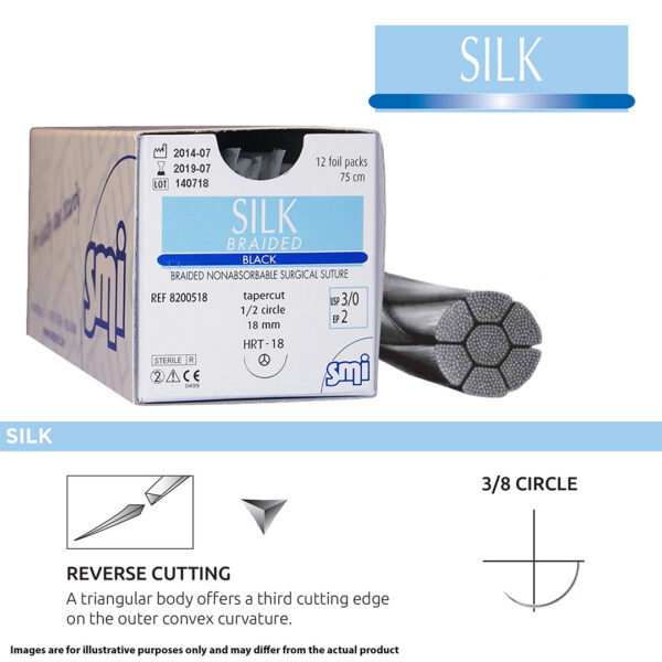 SMI Suture Silk 4/0 with DS 16 16mm 3/8 Circle Reverse Cutting Needle 75cm (12)