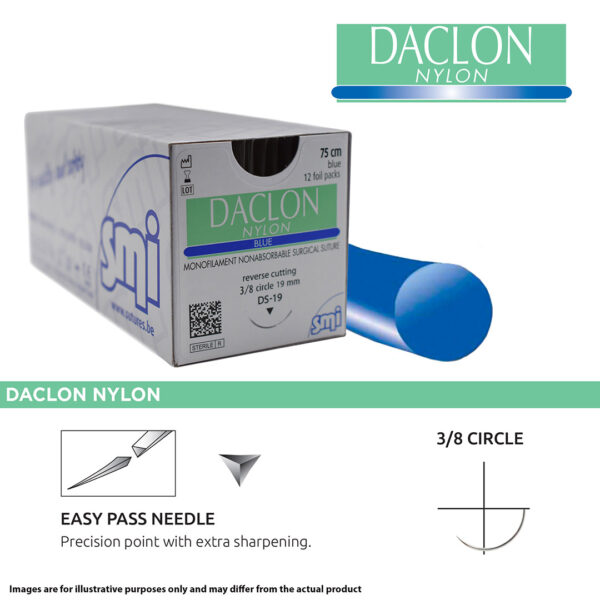 SMI Suture Daclon Nylon 5/0 with DS 16 16mm 3/8 Circle Precision Point Reverse Cutting Needle 50cm (12) SMI Suture Daclon Nylon 5/0 with DS 16 16mm 3/8 Circle Precision Point Reverse Cutting Needle 50cm (12)