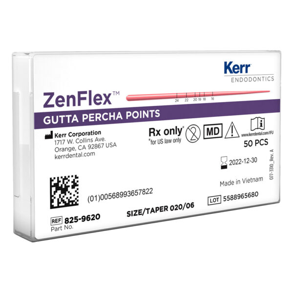 Kerr Endodontics ZenFlex Gutta Percha Points Spill Proof Pack .06 Taper 30mm No. 20 Yellow (50)