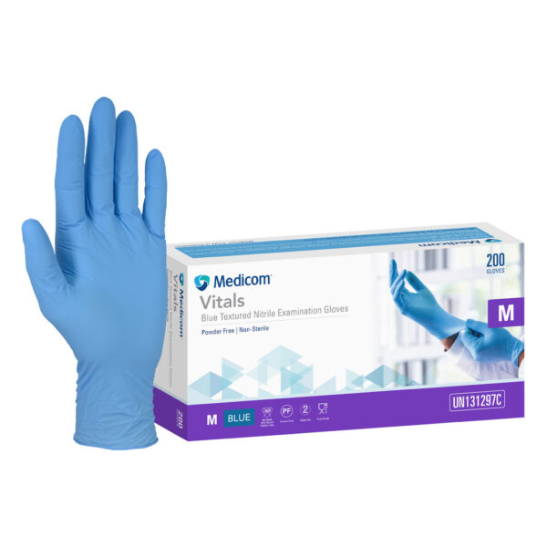 Medicom Vitals Blue Nitrile Powder Free Gloves Medium 200's (10)