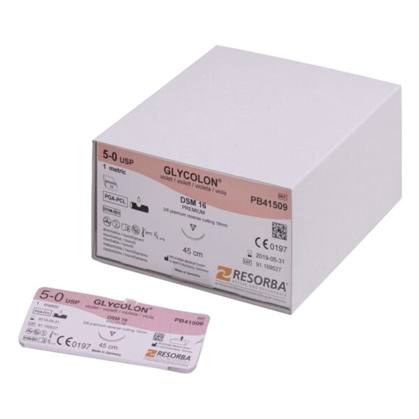 Resorba Glycolon Suture 5/0 with DSM 16 16mm 3/8 Circle Premium Reverse Cutting Needle 45cm Violet (24)
