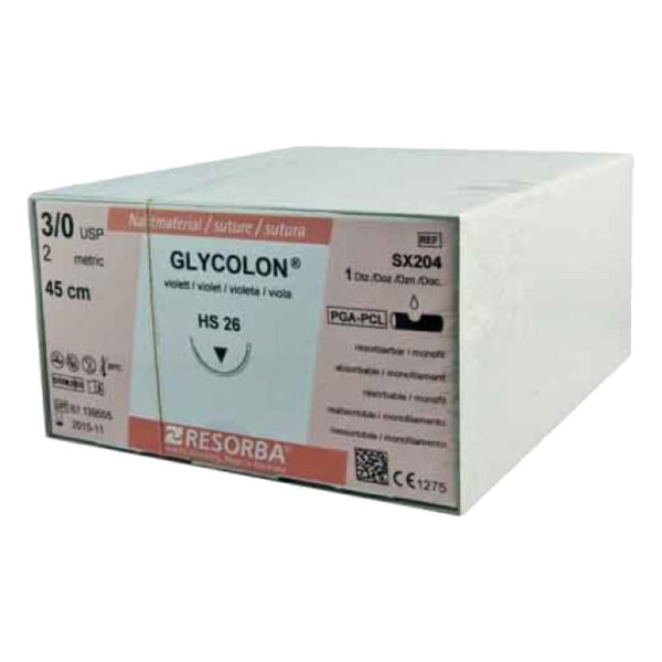Resorba Glycolon Suture 3/0 with HS 26 26mm 1/2 Circle Reverse Cutting Needle 45cm Violet (12)