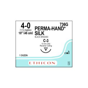 J&J Ethicon Suture Silk 4/0 with C-3 13mm 3/8 Circle Reverse Cutting Needle 45cm (12)
