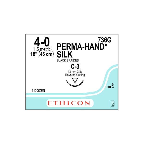 J&J Ethicon Suture Silk 4/0 with C-3 13mm 3/8 Circle Reverse Cutting Needle 45cm (12) J&J Ethicon Suture Silk 4/0 with C-3 13mm 3/8 Circle Reverse Cutting Needle 45cm (12)