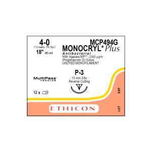 J&J Ethicon Suture Monocryl Plus Antibacterial 4/0 with P-3 13mm 3/8 Circle Precision Point Reverse Cutting Needle 45cm (12)