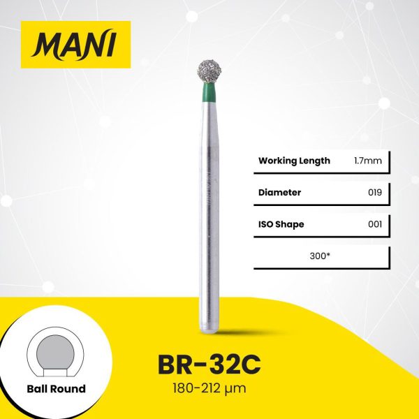 Mani Diamond Bur BR-32C Round Coarse Grit Green FG 19mm (5) Mani Diamond Bur BR-32C Round Coarse Grit Green FG 19mm (5)