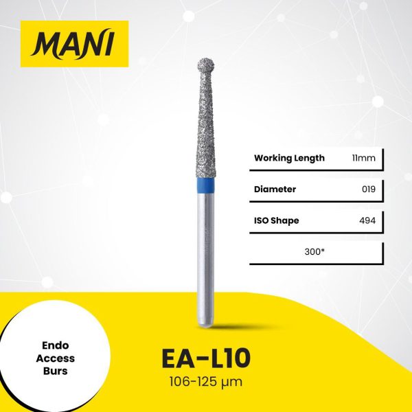 Mani Diamond Bur EA-L10 Endo Access Tapered Long Round Standard Grit Blue FG 19mm (5)