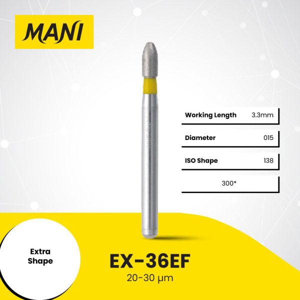 Mani Diamond Bur EX-36EF Round End Cylinder Extra Fine Grit Yellow FG 19mm (5) Mani Diamond Bur EX-36EF Round End Cylinder Extra Fine Grit Yellow FG 19mm (5)